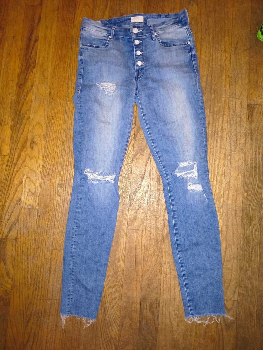 MOTHER Skinny Distressed Light Blue Button-Fly Jeans